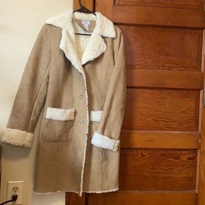 Anne Taylor Women’s LOFT Tan Faux Fur Lined Swede Trench Coat Jacket Size 4